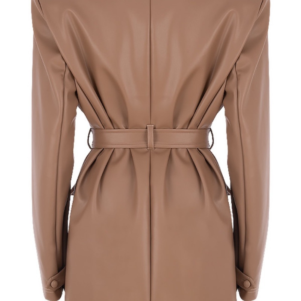 Tan Vegan Leather Belted Jacket 🧥 Dress - Picture 15 of 15